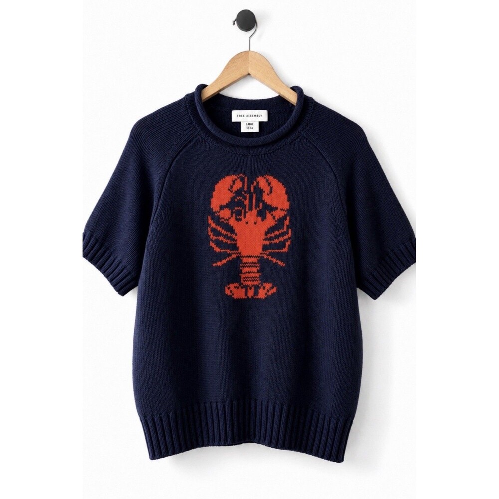 Free Assembly Women L 12-14 Navy Lobster Cotton Knitted Short Sleeve Sweater
